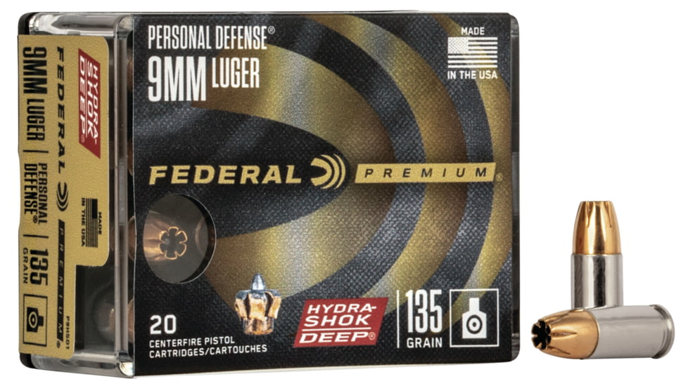 Federal Premium Centerfire Handgun Ammunition 9 mm Luger 135 Grain Hydra-Shok Deep Nickel-Plated Brass Case Centerfire Pistol Ammo, 20 Rounds, P9HSD1