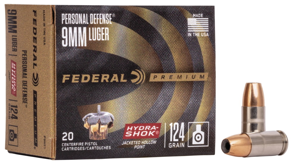 Federal Premium Personal Defense Pistol Ammo, 9 mm Luger, Hydra-Shok Jacketed Hollow Point, 124 grain, 20 Rounds, P9HS1