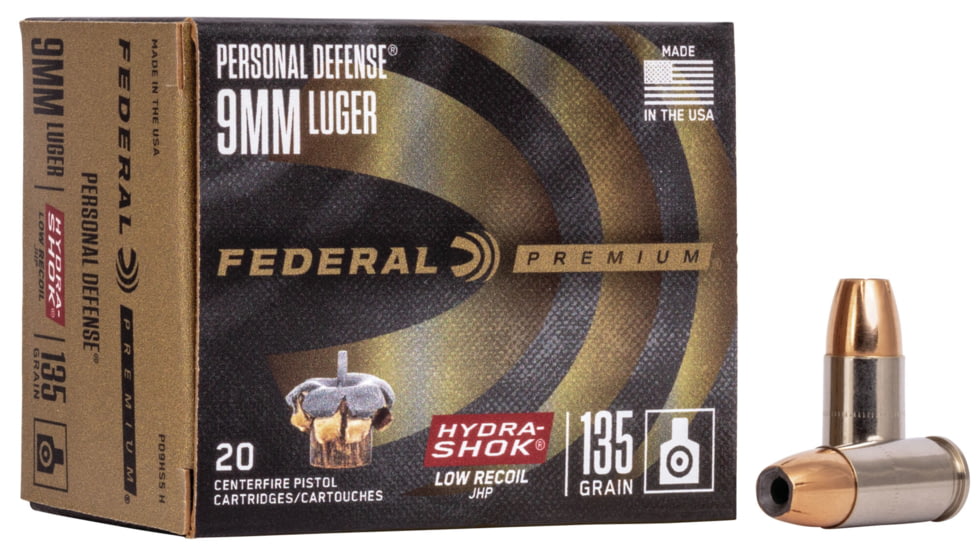 Federal Premium Personal Defense Pistol Ammo, 9 mm Luger, Hydra-Shok Jacketed Hollow Point, 135 grain, 20 Rounds, PD9HS5 H