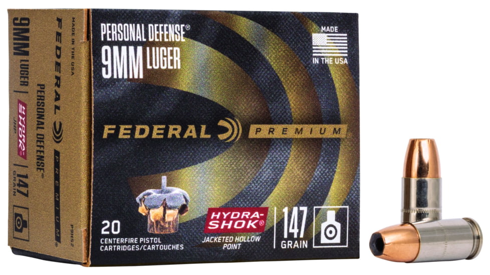 Federal Premium Personal Defense Pistol Ammo, 9 mm Luger, Hydra-Shok Jacketed Hollow Point, 147 grain, 20 Rounds, P9HS2