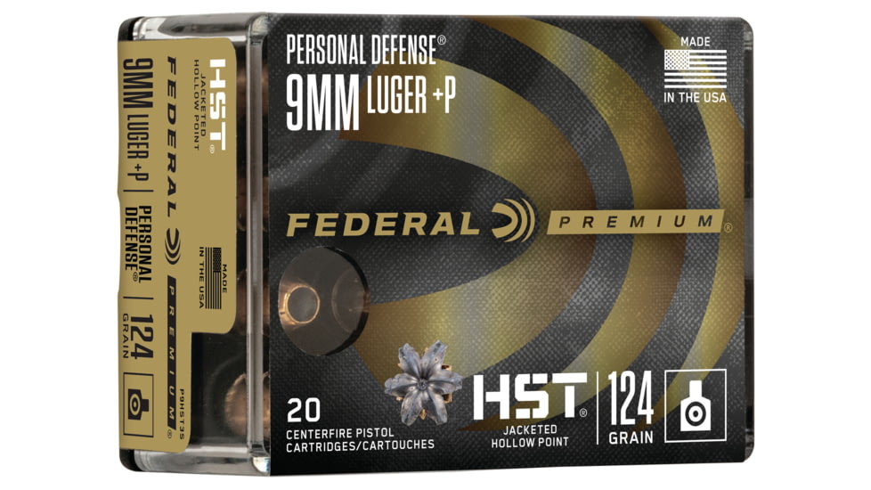 Federal Premium Personal Defense HST 9mm Luger +P 124 Grain Jacketed Hollow Point Nickel-Plated Cased Centerfire Pistol Ammo, 20 Rounds, P9HST3S