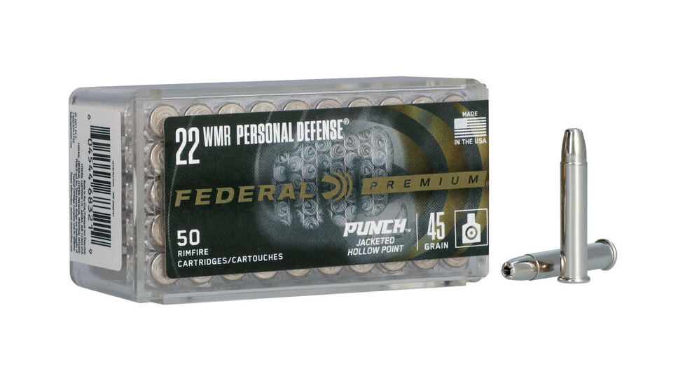 Federal Premium Personal Defense Punch Rimfire .22 WMR 45 Grain Jacketed Hollow Point Nickel-Plated Brass Cased Ammo, 50 Rounds, PD22WMR1