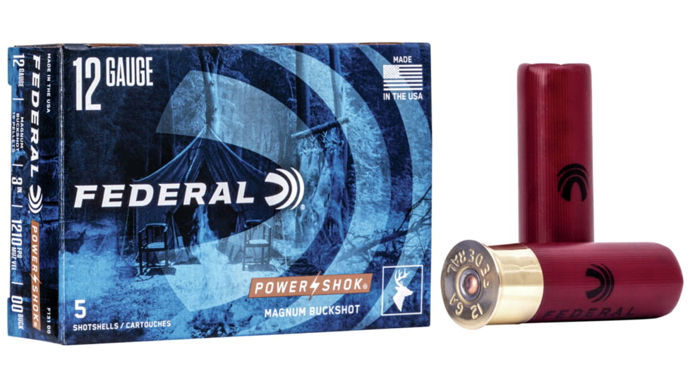 Federal Premium Power Shok 12 Gauge 15 Pellets 3in Buckshot Shotgun Ammo, 00 Buck Shot, 5 Rounds, F131 00