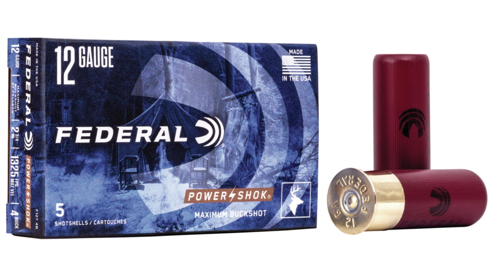 Federal Premium Power Shok 12 Gauge 27 Pellets 2 3/4in Buckshot Shotgun Ammo, #4 5 Rounds, F127 4B