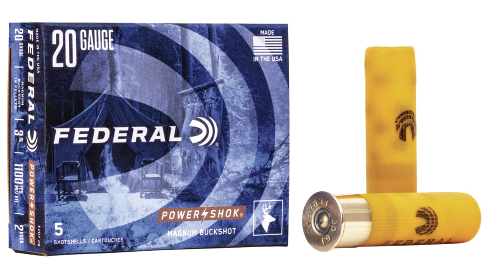 Federal Premium Power Shok 20 Gauge 18 Pellets 3in Buckshot Shotgun Ammo, 2 Shot, 5 Rounds, F207 2B