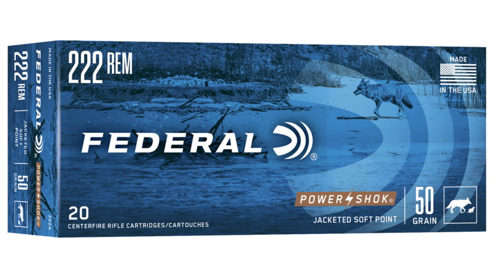 Federal Premium Power-Shok .222 50 Grain Jacketed Soft Point Centerfire Rifle Ammo, 20 Rounds, 222A