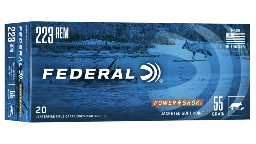 Federal Premium Power-Shok .223 55 Grain Jacketed Soft Point Centerfire Rifle Ammo, 20 Rounds, 223A