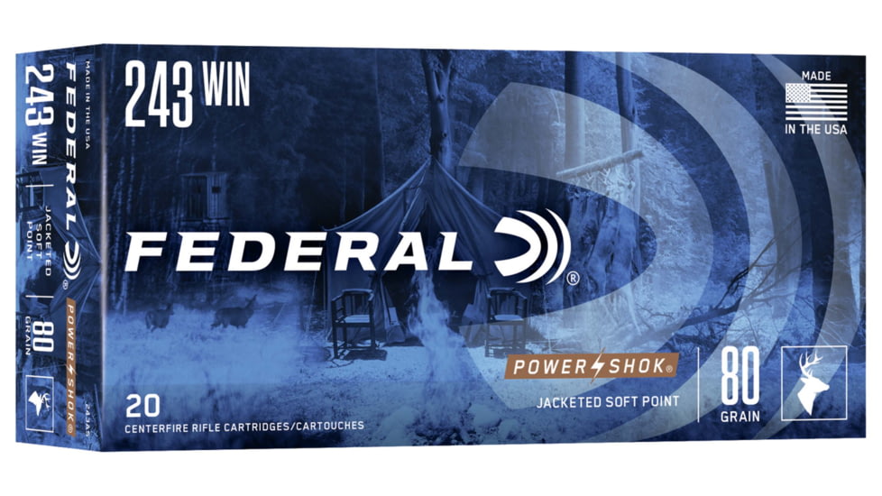 Federal Premium Power-Shok .243 Winchester 80 Grain Jacketed Soft Point Centerfire Rifle Ammo, 20 Rounds, 243AS