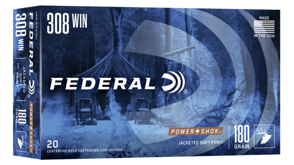 Federal Premium Power-Shok .308 Winchester 180 Grain Jacketed Soft Point Centerfire Rifle Ammo, 20 Rounds, 308B