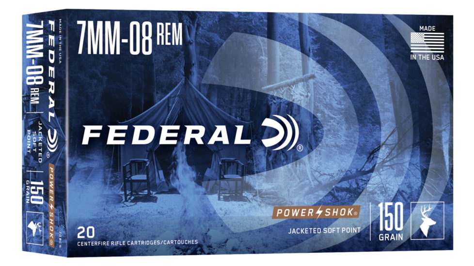 Federal Premium Power-Shok 7mm-08 150 Grain Jacketed Soft Point Centerfire Rifle Ammo, 20 Rounds, 708CS