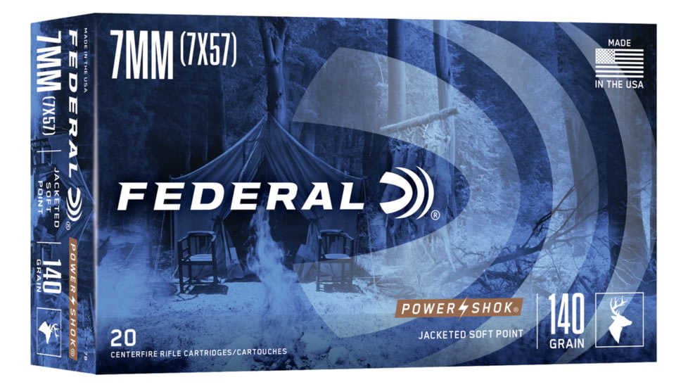 Federal Premium Power-Shok 7x57mm Mauser 140 Grain Jacketed Soft Point Centerfire Rifle Ammo, 20 Rounds, 7B