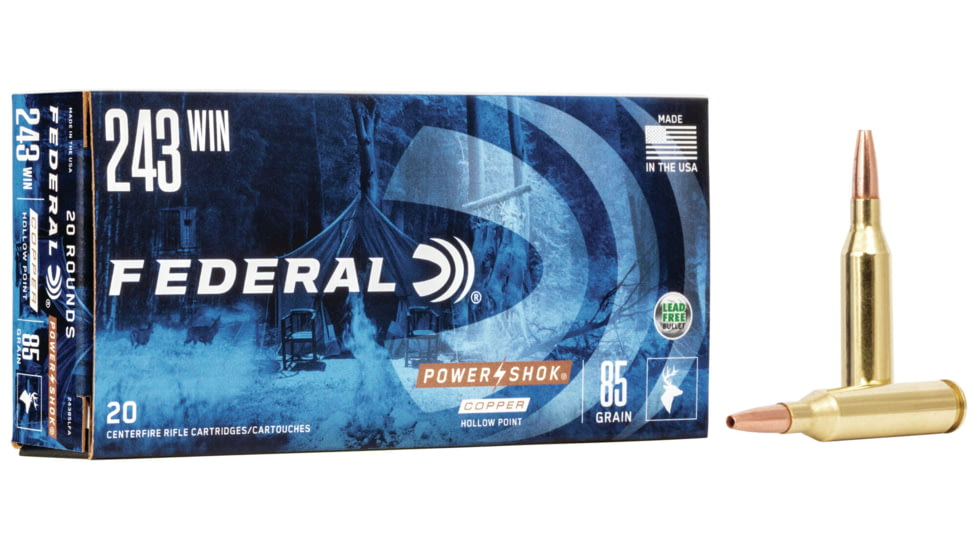 Federal Premium Power-Shok Copper .243 Winchester 85 Grain Copper Hollow Point Centerfire Rifle Ammo, 20 Rounds, 24385LFA