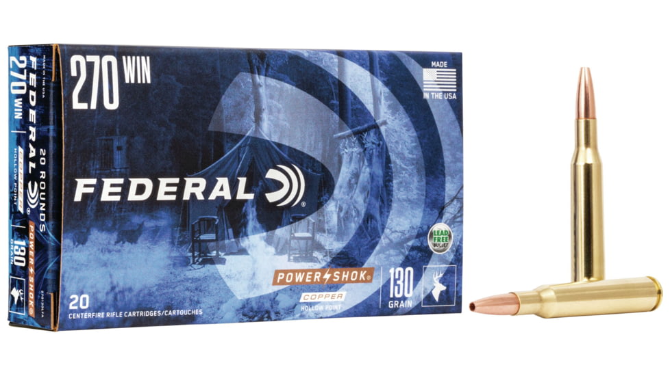 Federal Premium Power-Shok Copper .270 Winchester 130 Grain Copper Hollow Point Centerfire Rifle Ammo, 20 Rounds, 270130LFA
