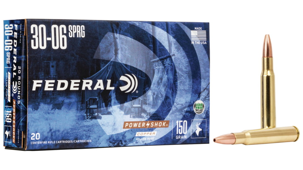 Federal Premium Power-Shok Copper .30-06 Springfield 150 Grain Copper Hollow Point Centerfire Rifle Ammo, 20 Rounds, 3006150LFA