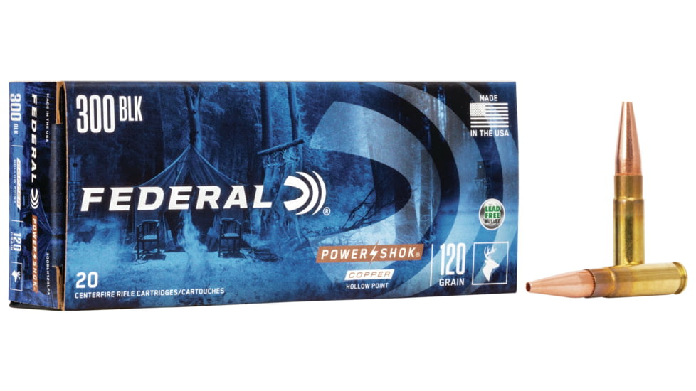Federal Premium Power-Shok Copper .300 AAC Blackout 120 Grain Copper Hollow Point Centerfire Rifle Ammo, 20 Rounds, 300BLK120LFA