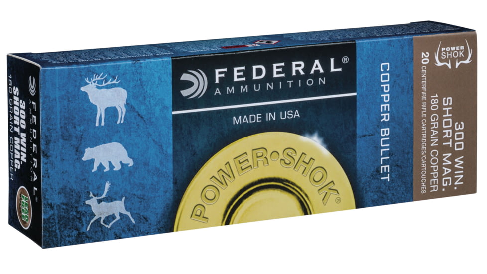 Federal Premium Power-Shok Copper .300 Winchester Short Magnum 180 Grain Copper Hollow Point Centerfire Rifle Ammo, 20 Rounds, 300WSM180LFA
