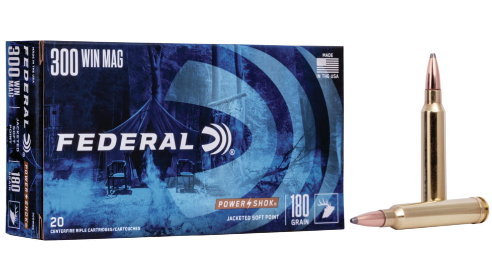 Federal Premium Power-Shok Rifle Ammo, .300 Winchester Magnum, Jacketed Soft Point, 180 grain, 20 Rounds, 300WBS