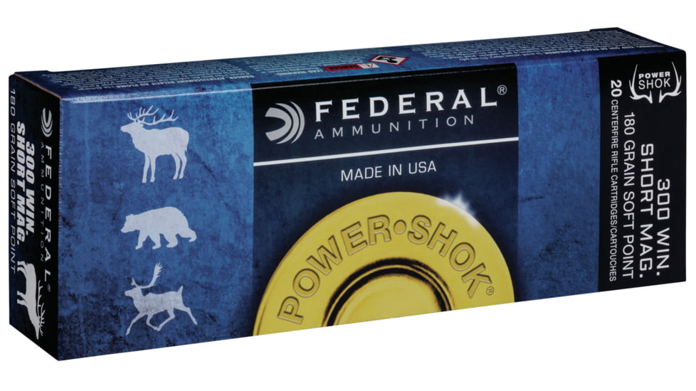 Federal Premium Power-Shok .300 Winchester Short Magnum 180 Grain Jacketed Soft Point Centerfire Rifle Ammo, 20 Rounds, 300WSMC