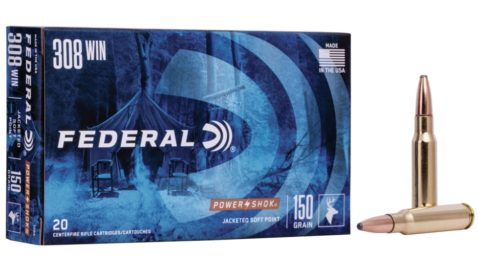 Federal Premium Power-Shok .308 Winchester 150 Grain Jacketed Soft Point Centerfire Rifle Ammo, 20 Rounds, 308A