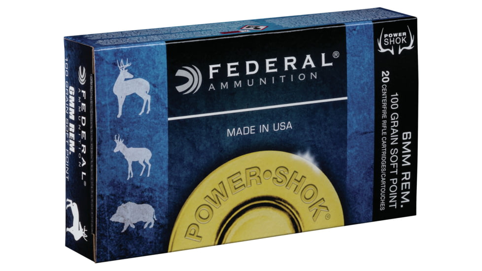 Federal Premium Power-Shok Rifle Ammo, 6mm Remington, Jacketed Soft Point, 100 grain, 20 Rounds, 6B