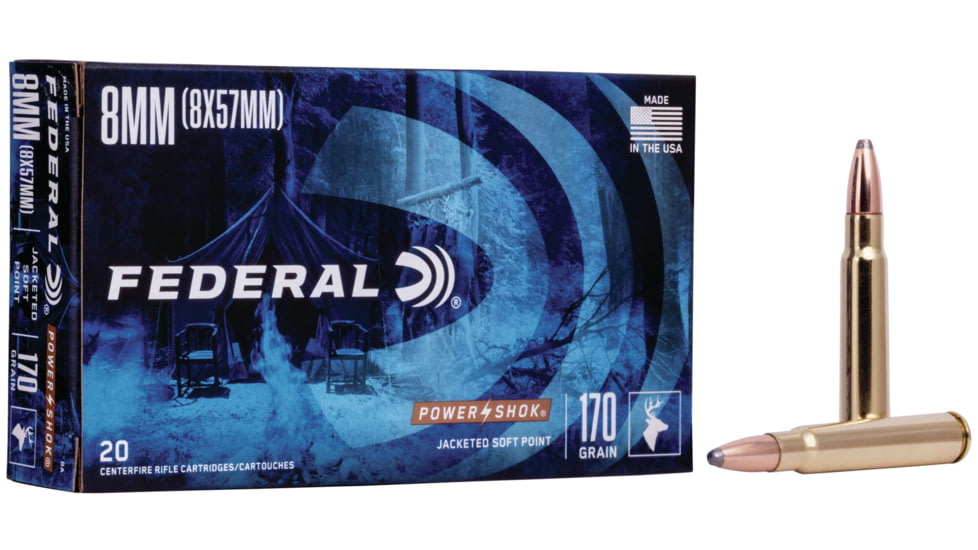 Federal Premium POWER-SHOK 8mm 170 Grain Jacketed Soft Point Centerfire Rifle Ammo, 20 Rounds, 8A