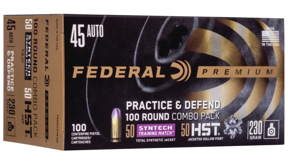 Federal Premium Practice &amp; Defend 45 Auto 230 Grain HST JHP/Syntech TSJ Centerfire Pistol Ammo, 100 Rounds, P45HST2TM100