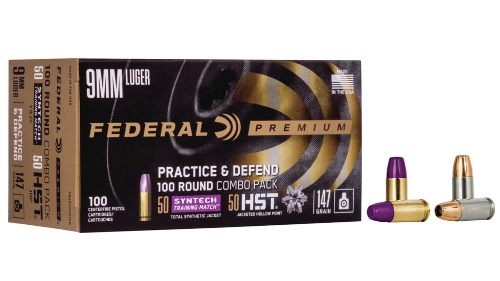 Federal Premium Practice &amp; Defend 9mm Luger 147 Grain HST JHP/Syntech TSJ Pistol Ammo, 100 Rounds, P9HST2TM100