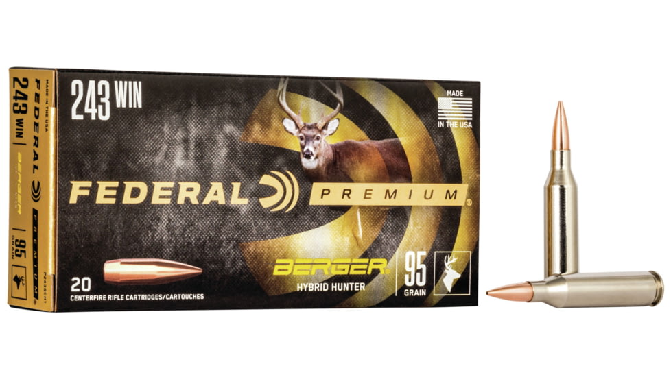 Federal Premium Berger Hybrid Hunter 243 Win 95 Grain Berger Hybrid Centerfire Rifle Ammo, 20 Rounds, P243BCH1