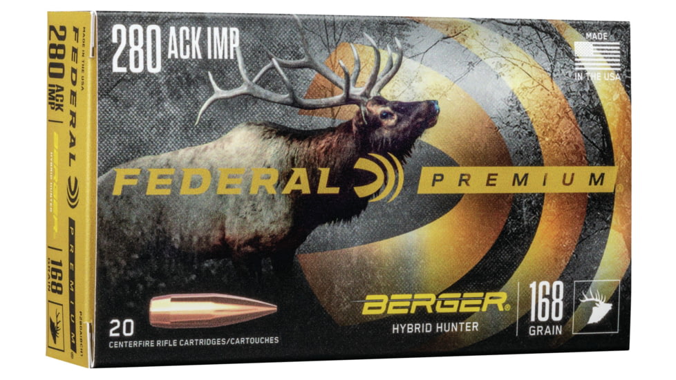 Federal Premium Berger Hybrid Hunter 280 Ackley Improved 168 Grain Berger Hybrid Centerfire Rifle Ammo, 20 Rounds, P280AIBCH1