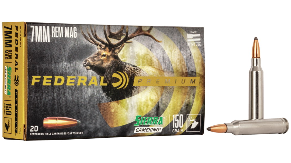 Federal Premium Rifle Ammo, 7mm Remington Magnum, Sierra GameKing Boat Tail Soft Point, 150 grain, 20 Rounds, P7RD