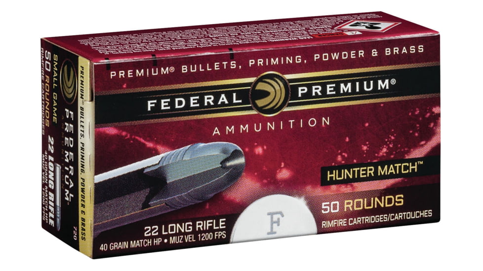 Federal Premium Rimfire Ammo, .22 Long Rifle, Hunter Match, 40 grain, 50 Rounds, 720