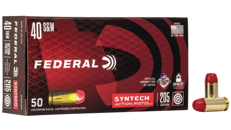 Federal Premium Syntech Action Pistol 40 S&amp;W 205 Grain Syntech Jacket Flat Nose Centerfire Pistol Ammo, 50 Rounds, AE40SJAP1