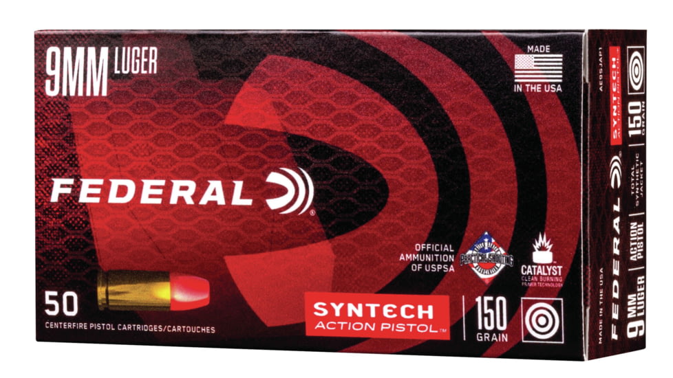 Federal Premium Syntech Action Pistol 9mm Luger 150 Grain Syntech Jacket Flat Nose Brass Cased Centerfire Pistol Ammo, 50 Rounds, AE9SJAP1