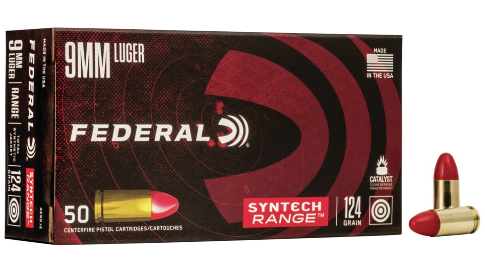 Federal Premium Syntech Range Pistol Ammo, 9 mm Luger, Syntech Total Synthetic Jacket, 124 grain, 50 Rounds, AE9SJ2