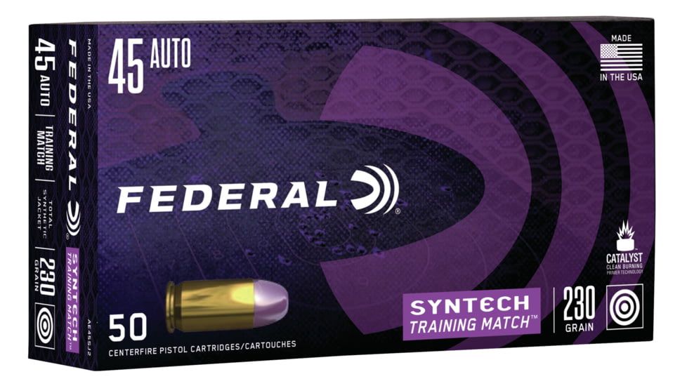 Federal Premium Syntech Training Match 45 Auto 230 Grain Syntech Jacket Flat Nose Pistol Ammo, 50 Rounds, AE45SJ2