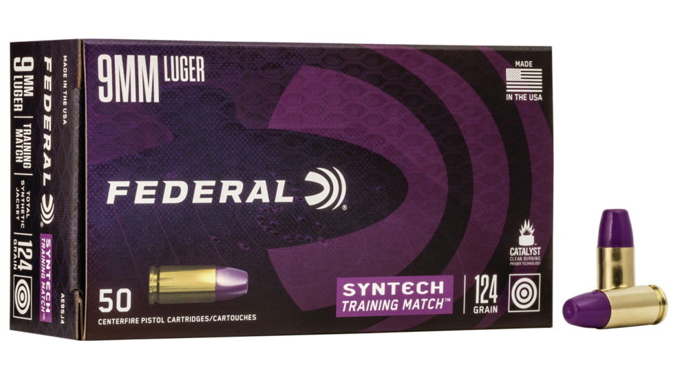 Federal Premium Syntech Training Match Pistol Ammo, 9 mm Luger, Syntech Total Synthetic Jacket, 124 grain, 50 Rounds, AE9SJ4
