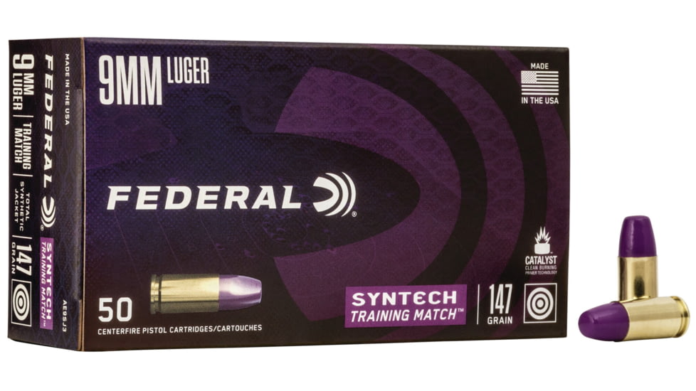 Federal Premium Syntech Training Match Pistol Ammo, 9 mm Luger, Syntech Total Synthetic Jacket, 147 grain, 50 Rounds, AE9SJ3