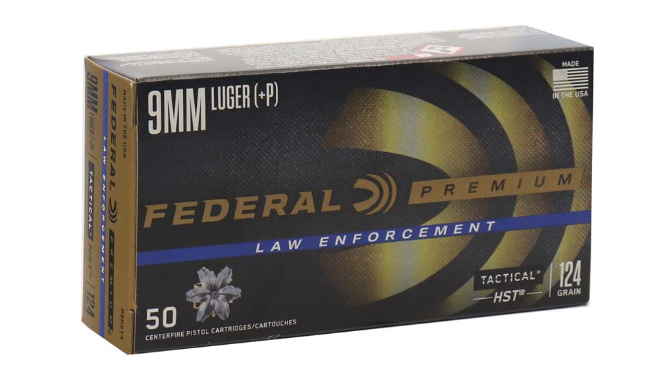 Federal Premium Tactical 9 mm +P 124 Grain Jacketed Hollow Point Nickel Plated Brass Cased Centerfire Pistol Ammo, 50 Rounds, P9HST3