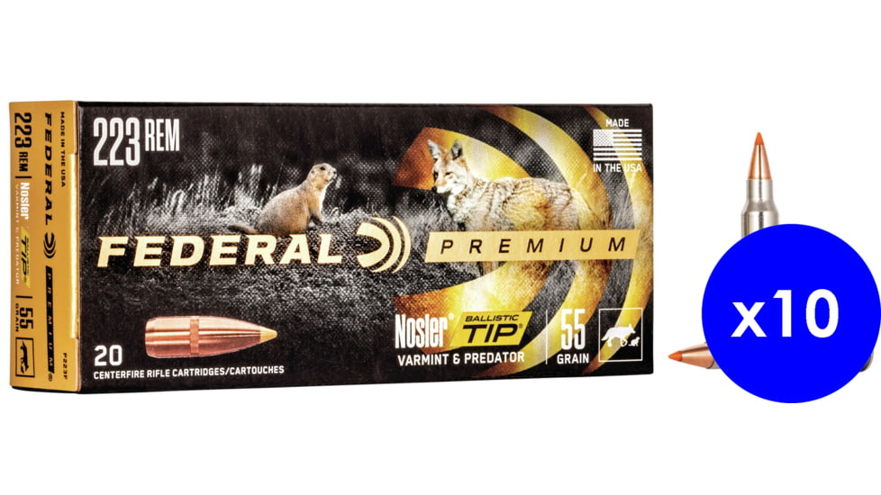 Federal Premium V-SHOK, .223 Remington, 55 grain, Nosler Ballistic Tip, Brass, Centerfire Rifle Ammo, 200 Rounds, P223F