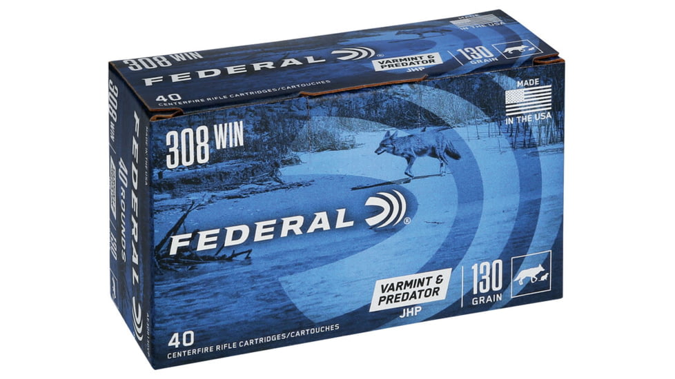 Federal Premium VARMinT / PREDATOR .308 Winchester 130 Grain Jacketed Hollow Point Centerfire Rifle Ammo, 40 Rounds, AE308130VP