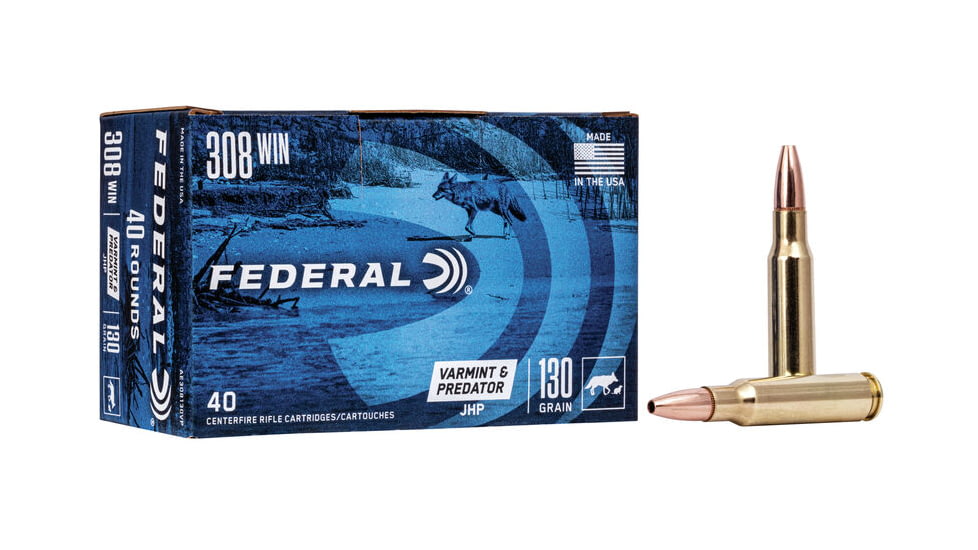 Federal Premium VARMinT / PREDATOR .308 Winchester 130 Grain Jacketed Hollow Point Centerfire Rifle Ammo, 40 Rounds, AE308130VP