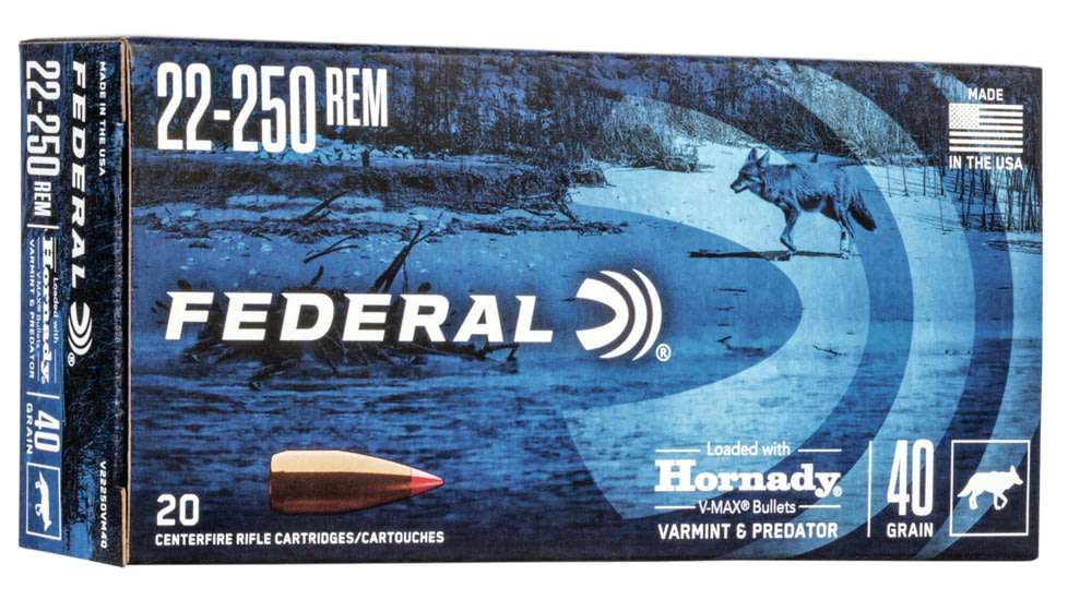 Federal Premium Varmint &amp; Predator Rifle Ammo, .22-250 Remington, Hornady V-Max, 40 grain, 20 Rounds, V22250VM40