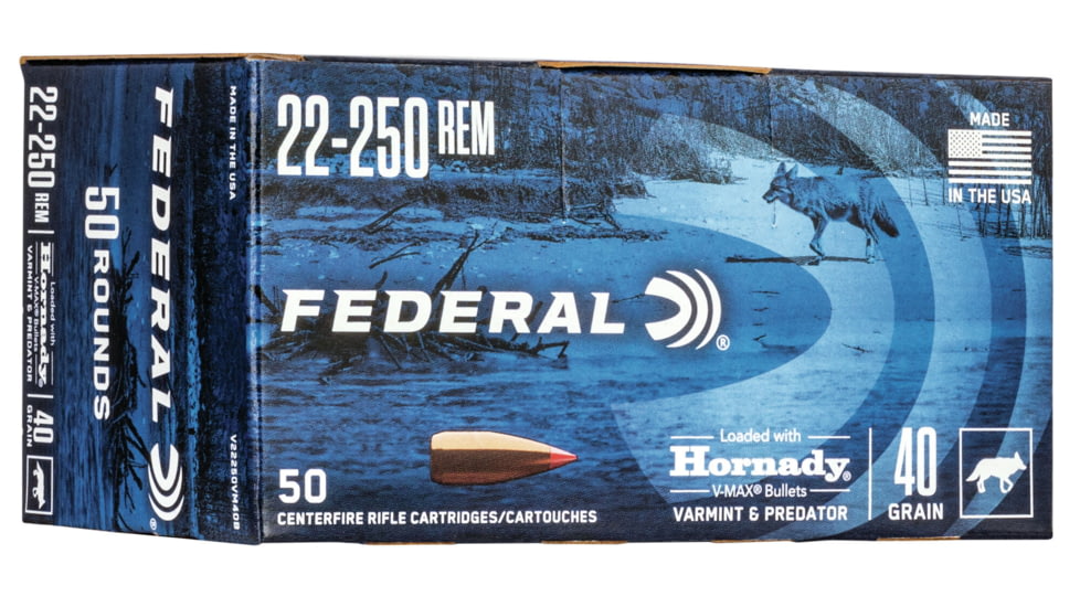 Federal Premium Varmint &amp; Predator Rifle Ammo, .22-250 Remington, Hornady V-Max, 40 grain, 50 Rounds, V22250VM40B