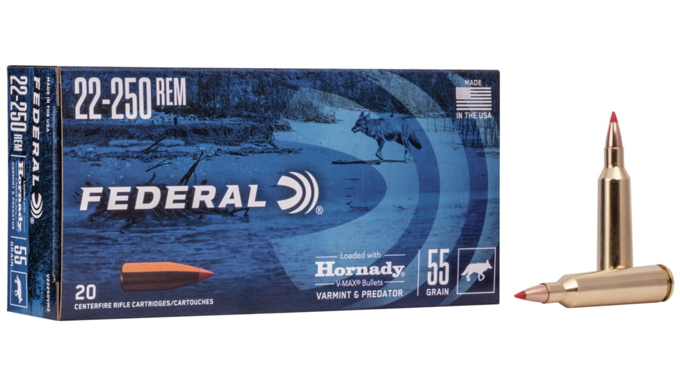 Federal Premium Varmint &amp; Predator 22-250 Rem 55 Grain Hornady V-Max Brass Centerfire Rifle Ammo, 20 Rounds, V22250VM2