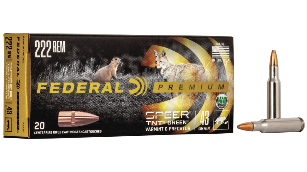 Federal Premium Varmint &amp; Predator Rifle Ammo, .222 Remington, Speer TNT Green Hollow Point, 43 grain, 20 Rounds, P222D