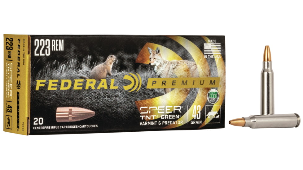Federal Premium Varmint &amp; Predator Rifle Ammo, .223 Remington, Speer TNT Green Hollow Point, 43 grain, 20 Rounds, P223R