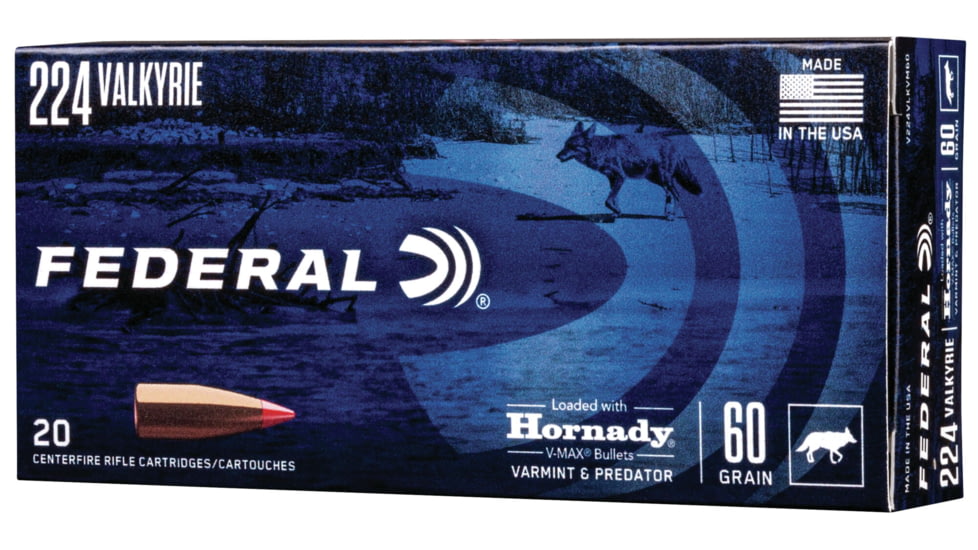 Federal Premium HORNDAY V-MAX .224 Valkyrie 60 grain Hornady V-Max Centerfire Rifle Ammo, 20 Rounds, V224VLKVM60