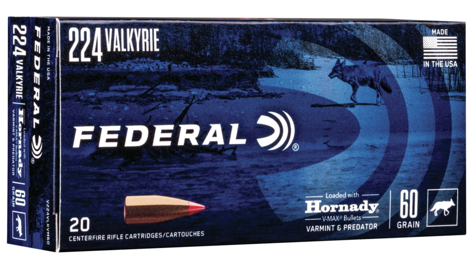 Federal Premium Varmint &amp; Predator Rifle Ammo, .224 Valkyrie, Hornady V-Max, 60 grain, 20 Rounds, V224VLKVM60