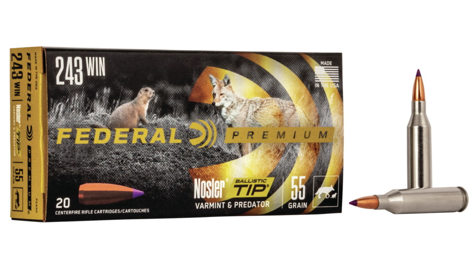 Federal Premium Varmint &amp; Predator Rifle Ammo, .243 Winchester, Nosler Ballistic Tip, 55 grain, 20 Rounds, P243H