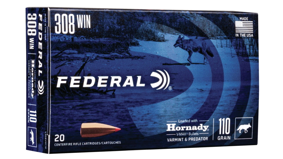 Federal Premium Varmint &amp; Predator Rifle Ammo, .308 Winchester, Hornady V-Max, 110 grain, 20 Rounds, V308VM110